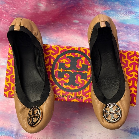 Tory Burch Shoes - Tory Burch Tan and Black Flats with Logo